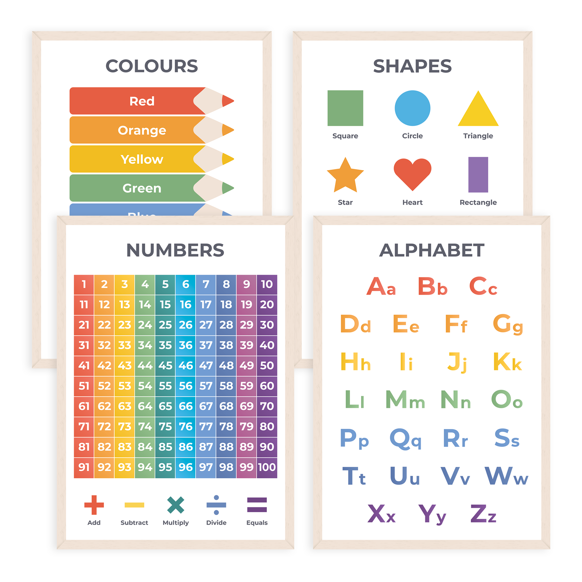 Alphabet Poster, Numbers, Colours & 2D Shapes Poster (A3, 4 Pack)