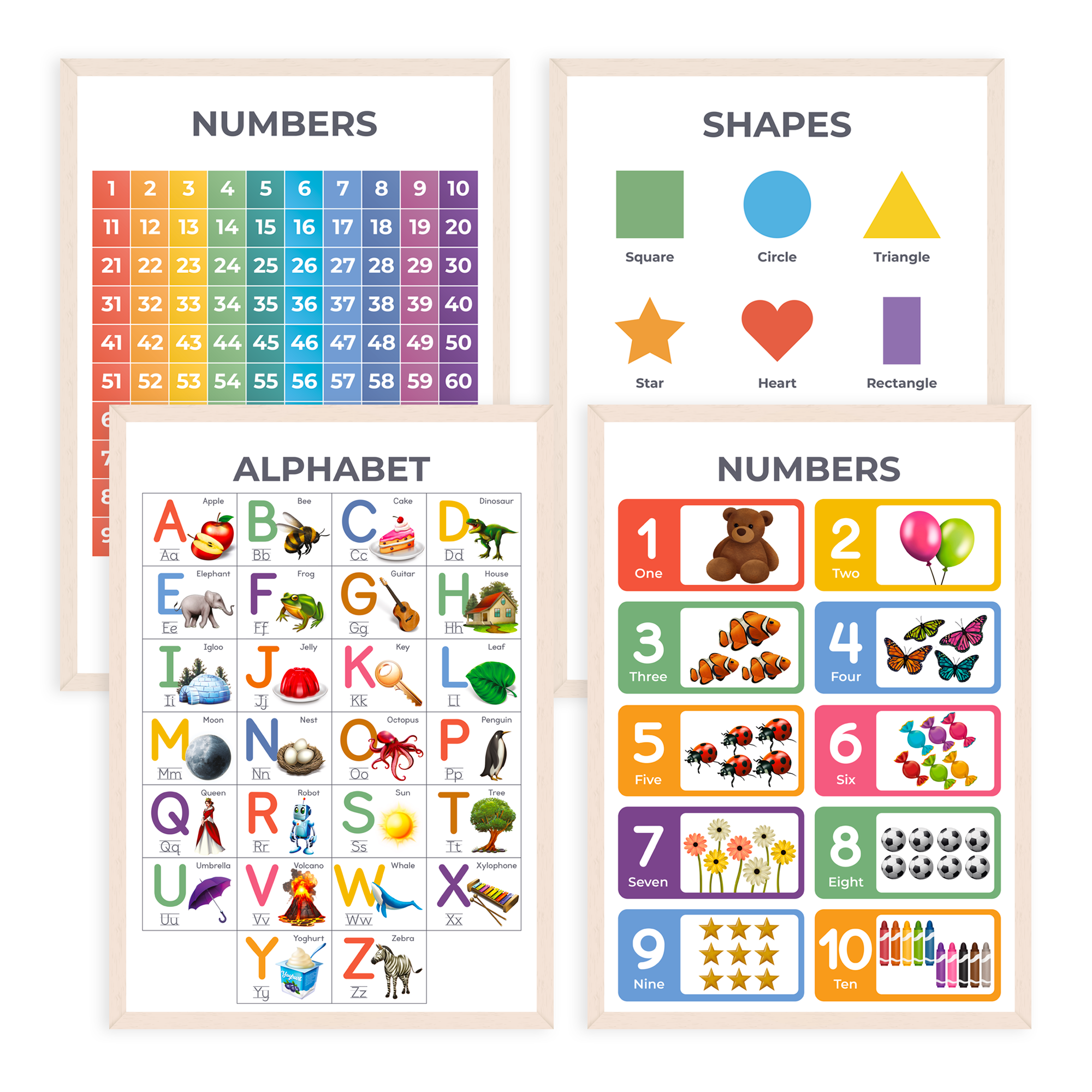 Alphabet Poster, Numbers 1-100, Shapes & Counting 1-10 Poster (A3, 4 Pack)