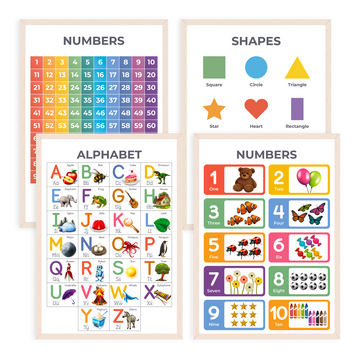 Alphabet Poster, Numbers 1-100, Shapes & Counting 1-10 Poster (A3, 4 Pack)